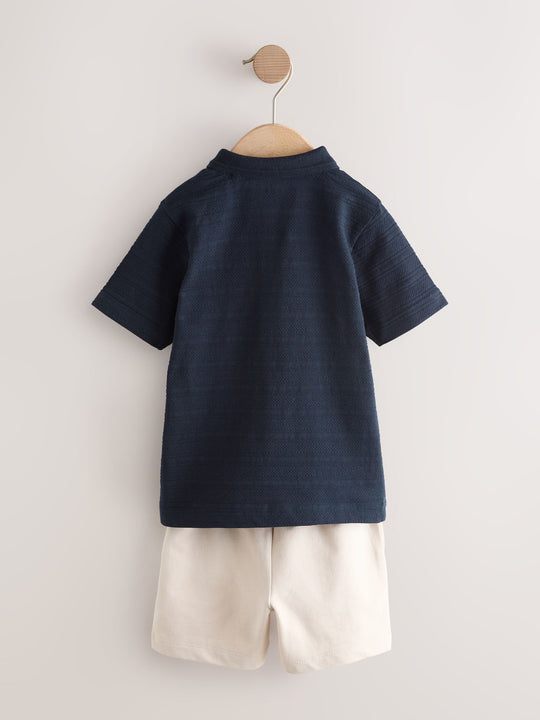 Navy Short Sleeve Textured Polo Shirt and Shorts Set (3mths-7yrs)