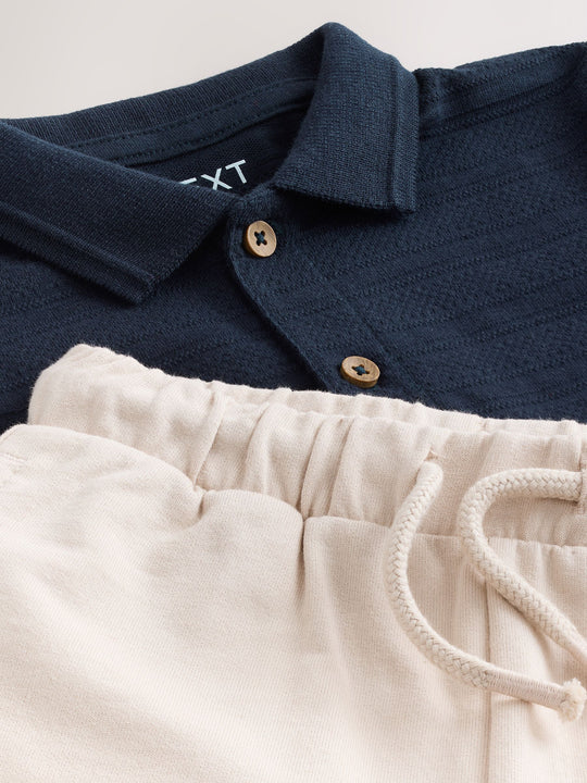 Navy Short Sleeve Textured Polo Shirt and Shorts Set (3mths-7yrs)