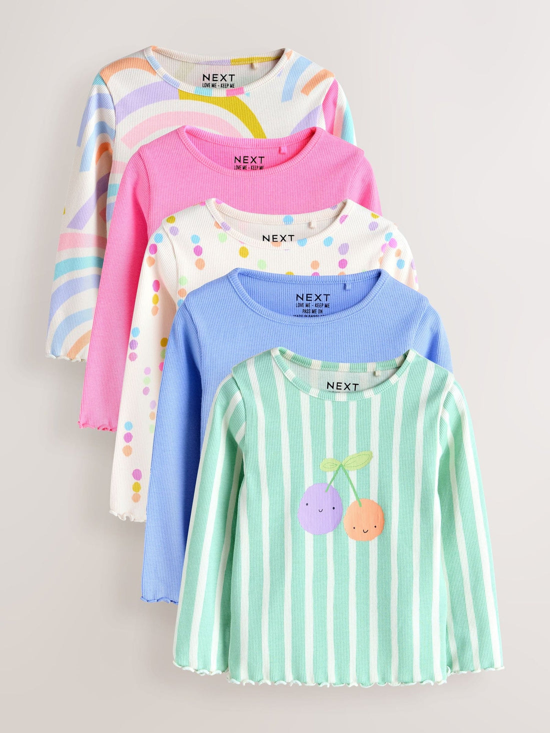 Pastel Rainbow Long Sleeve Rib Tops 5 Pack (3mths-7yrs)