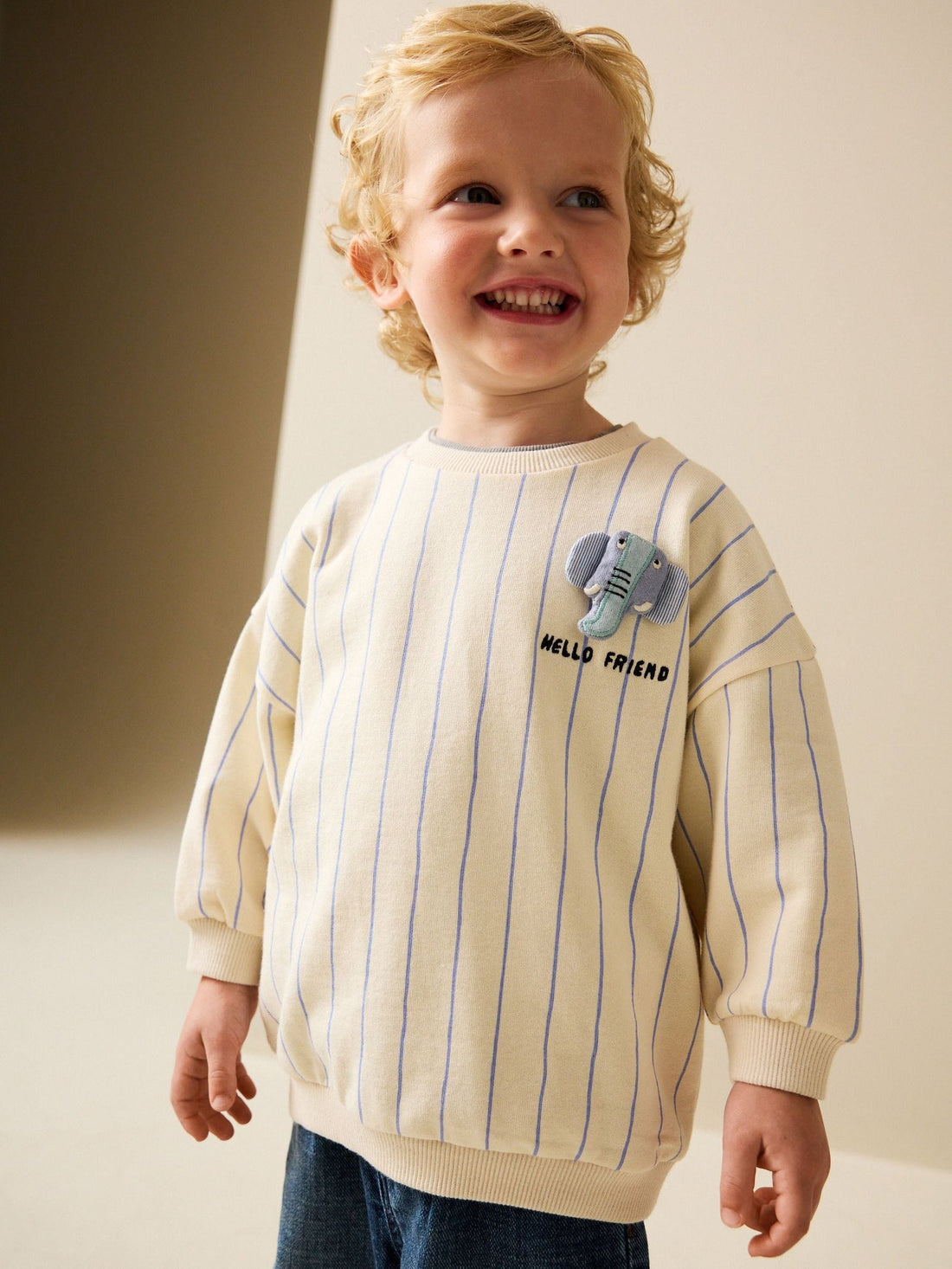 Ecru Elephant Striped All-Over Print Crew Neck Sweatshirt (3mths-7yrs)
