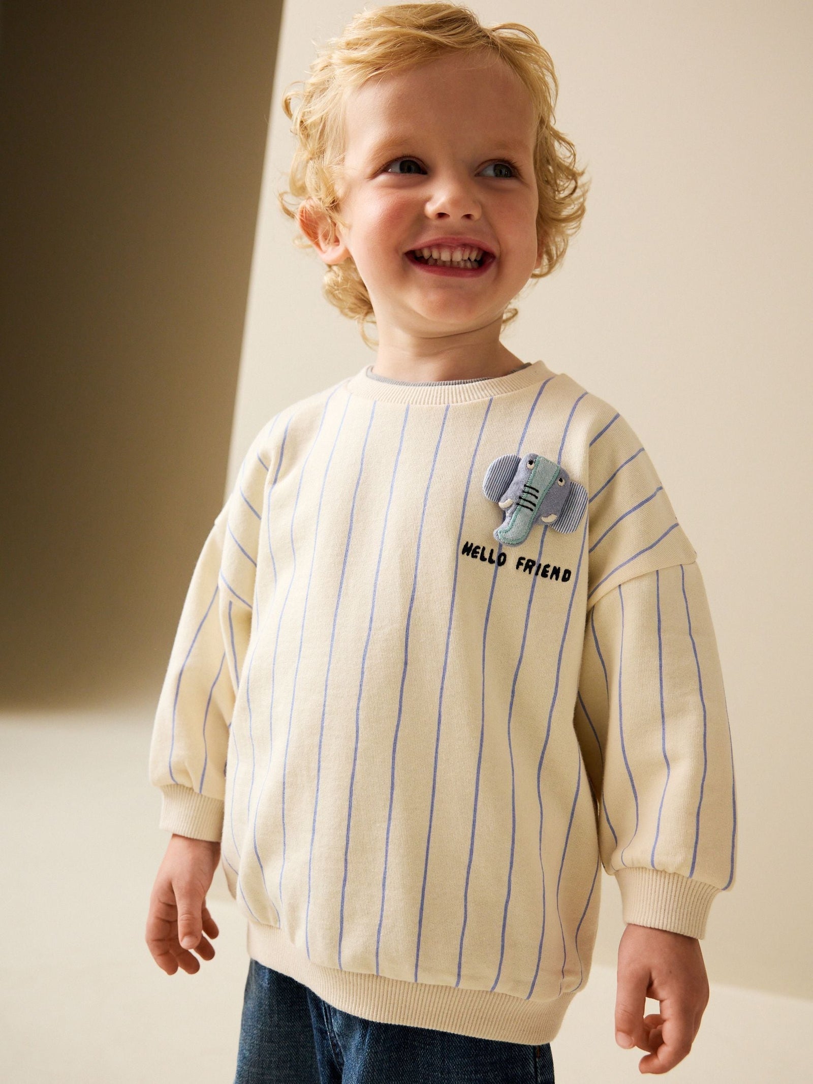 Ecru Elephant Striped All-Over Print Crew Neck Sweatshirt (3mths-7yrs)