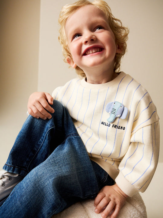 Ecru Elephant Striped All-Over Print Crew Neck Sweatshirt (3mths-7yrs)