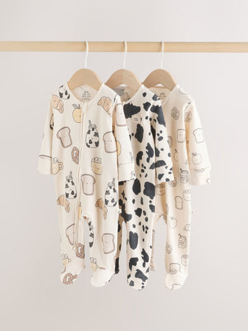 Neutral Two Way Zip Baby Sleepsuit 3 Pack (0-2yrs)