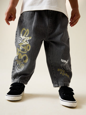 Grey Graffiti Barrel Leg Barrel Jeans (3mths-7yrs)