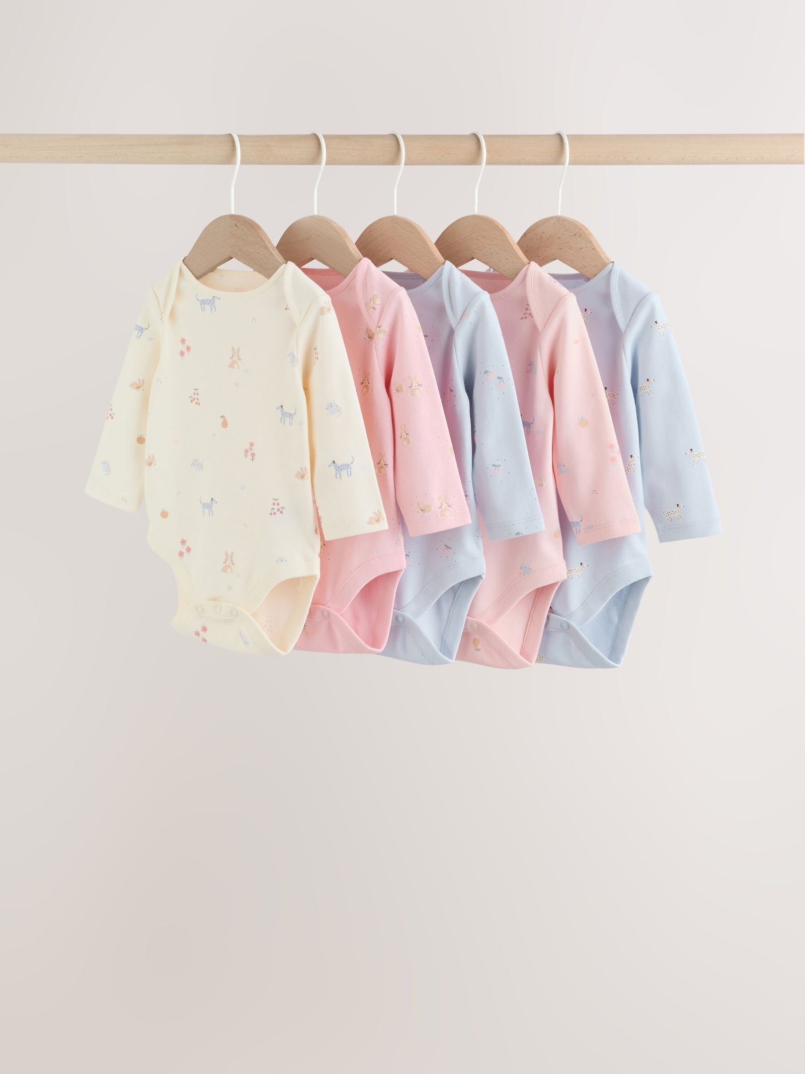 Multi Pastel Character 5 Pack Long Sleeve Baby Bodysuits