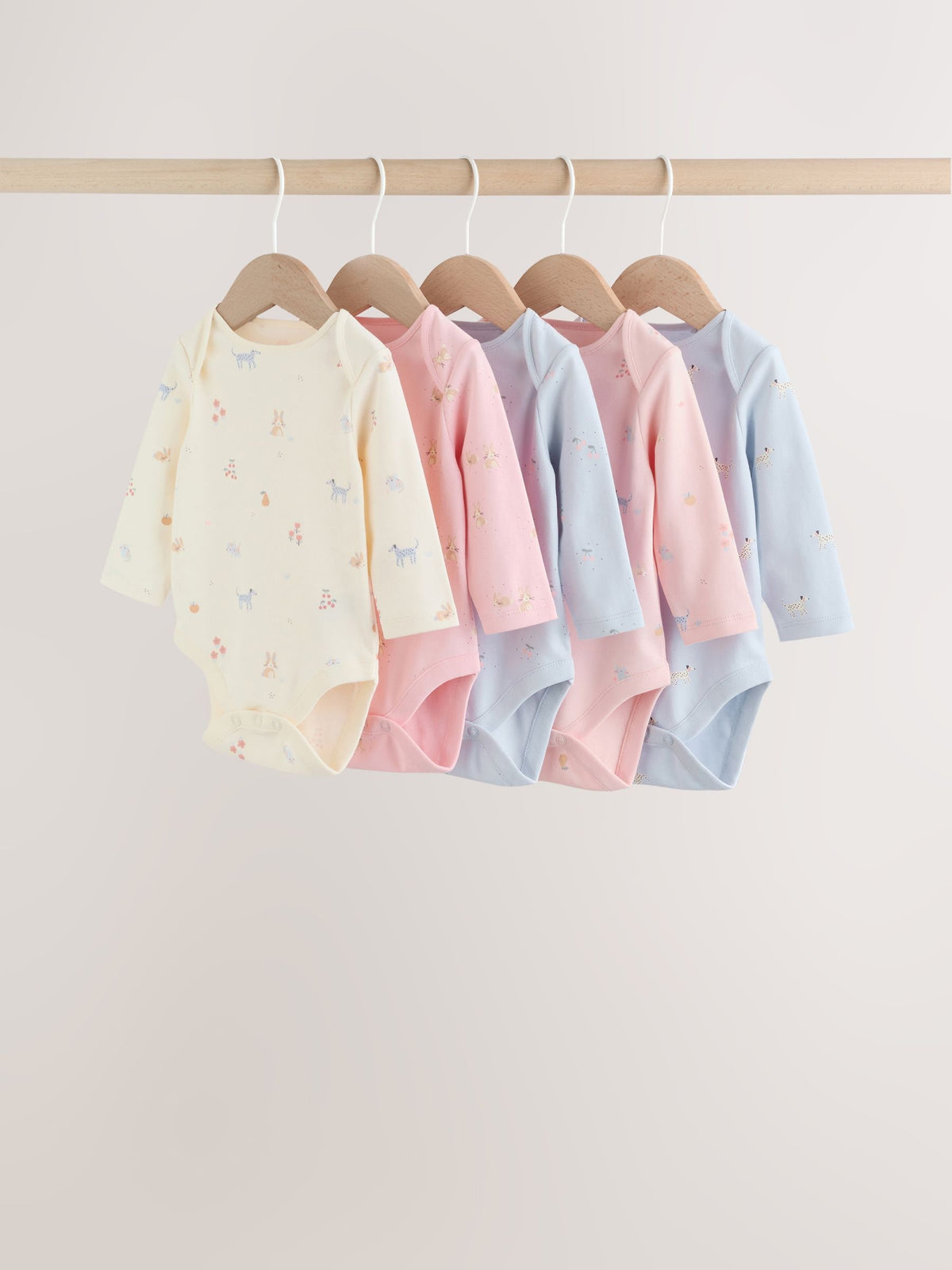 Multi Pastel Character 5 Pack Long Sleeve Baby Bodysuits