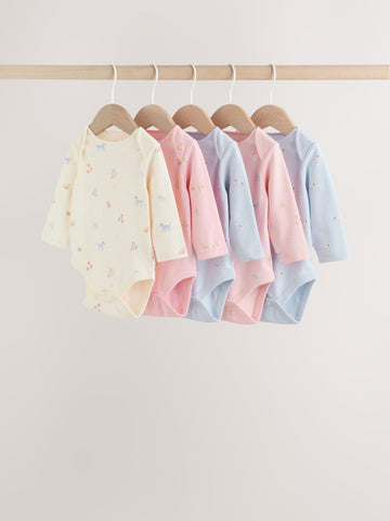 Multi Pastel Character 5 Pack Long Sleeve Baby Bodysuits