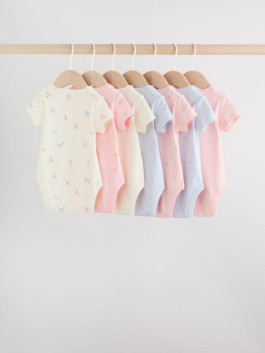Multi Pastel Character 7 Pack Short Sleeve Baby Bodysuits