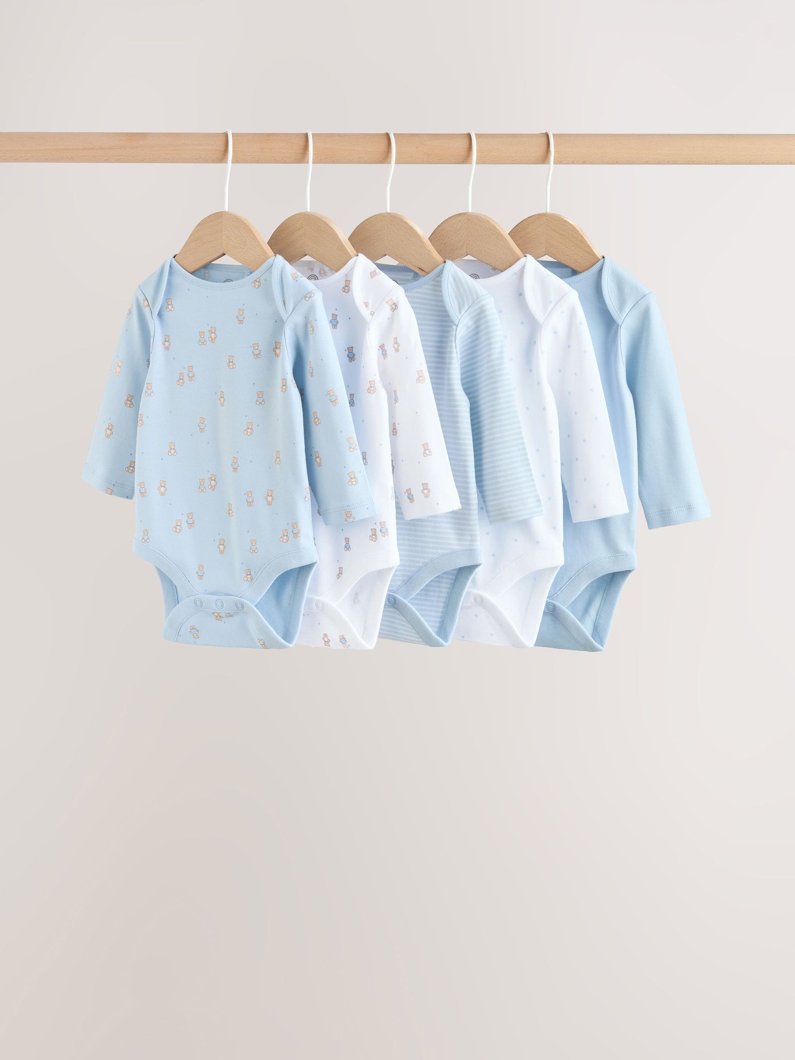 Blue 5 Pack Long Sleeved Baby Bear Bodysuit