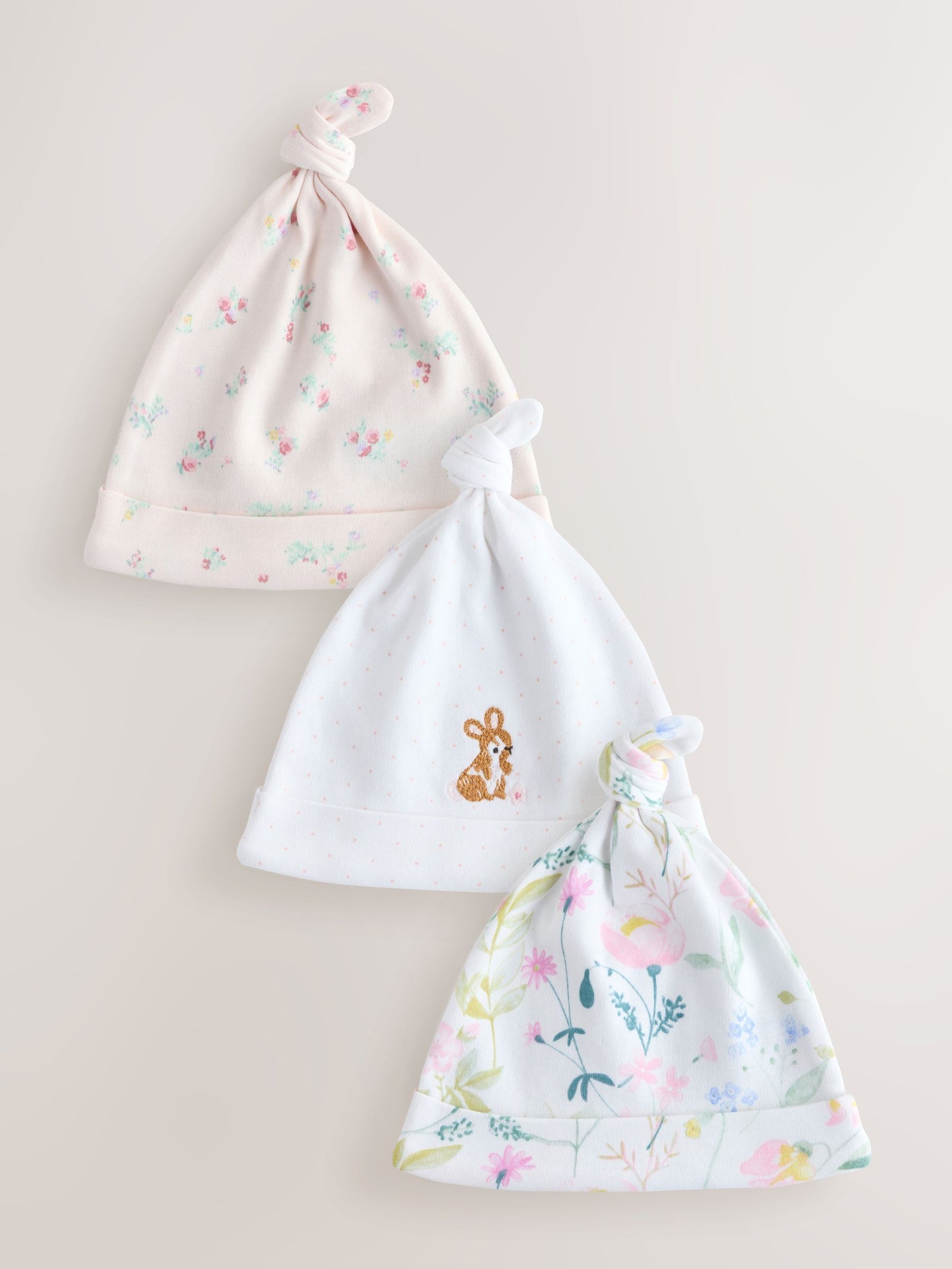 Pink Tie Top Baby Beanie 3 Pack (0-12mths)