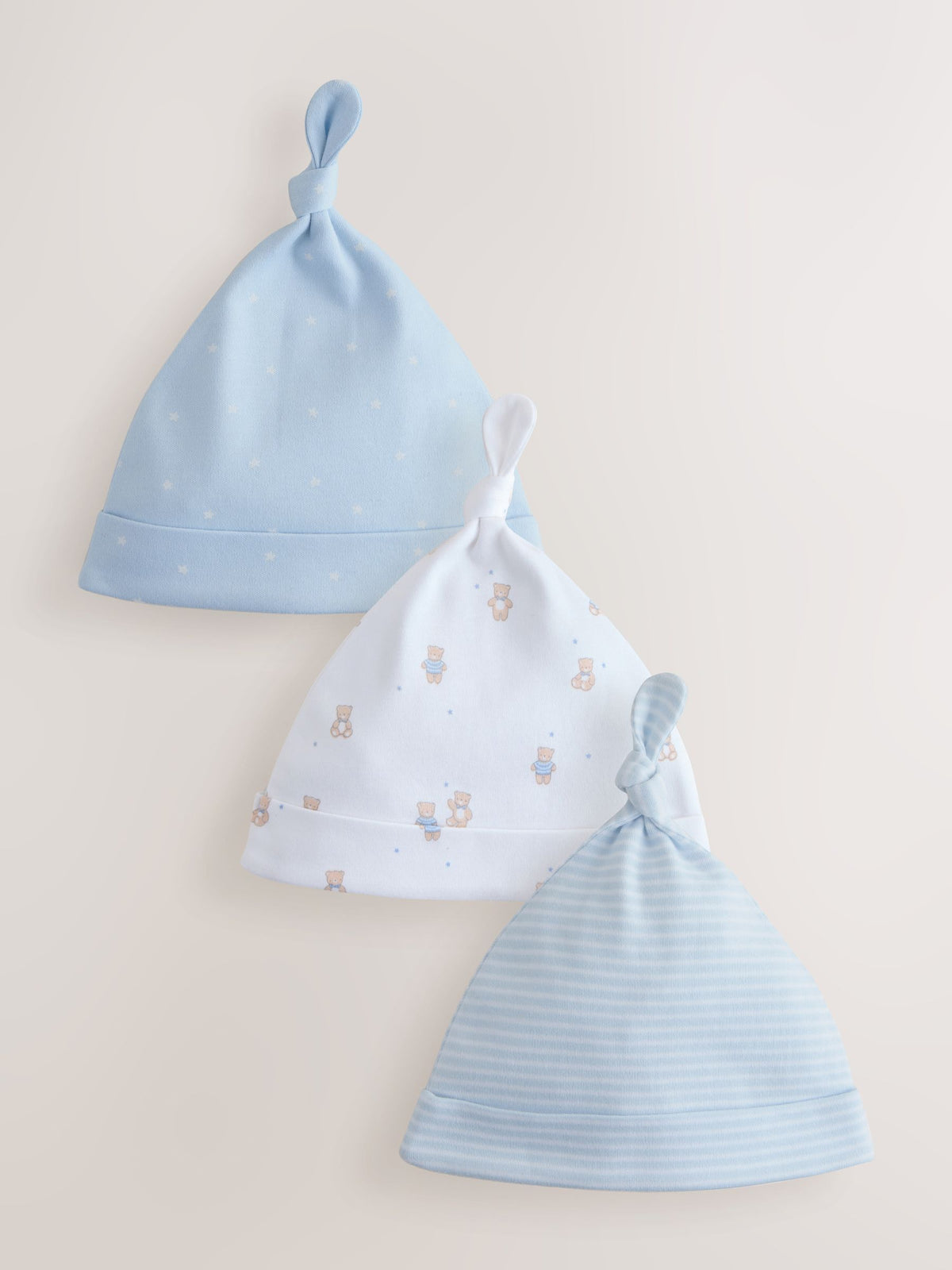 Blue Tie Top Baby Hats 3 Pack (0-12mths)