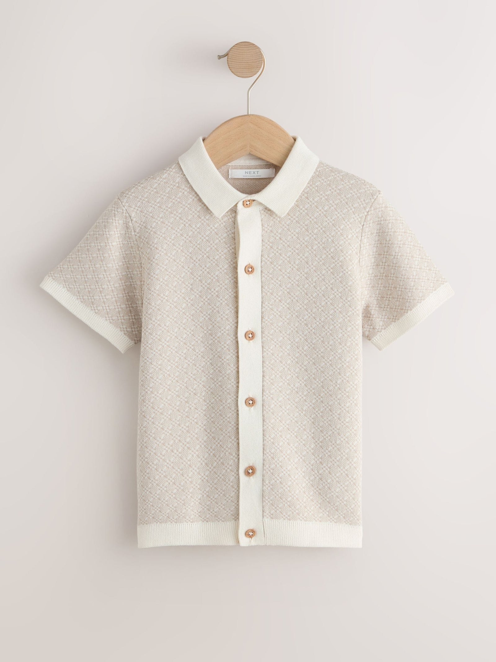 Ecru Geo Knitted Button Through Polo Shirt (3-16yrs)