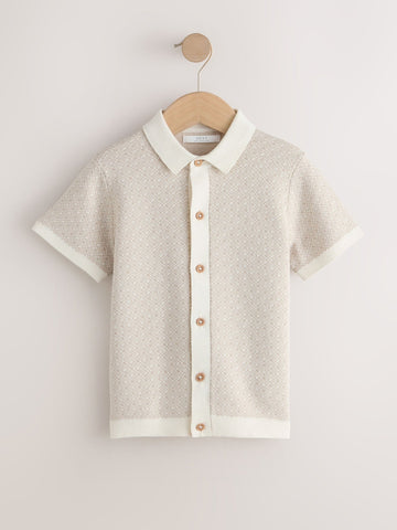 Ecru Geo Knitted Button Through Polo Shirt (3-16yrs)