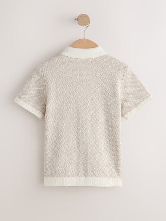Ecru Geo Knitted Button Through Polo Shirt (3-16yrs)