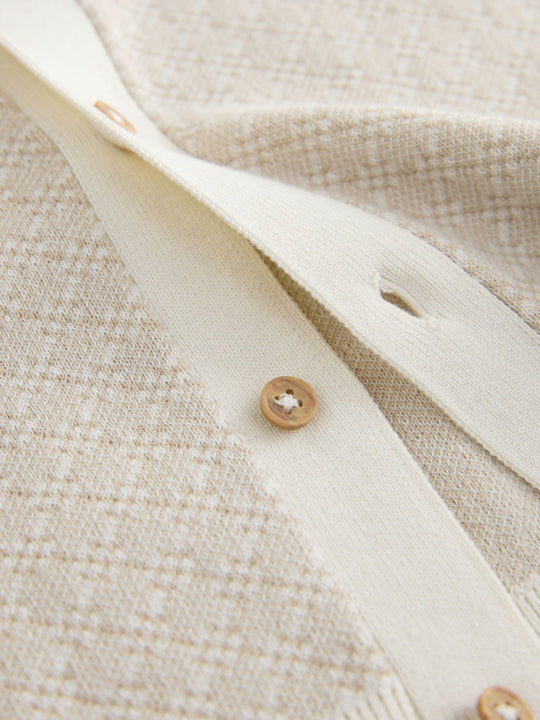 Ecru Geo Knitted Button Through Polo Shirt (3-16yrs)