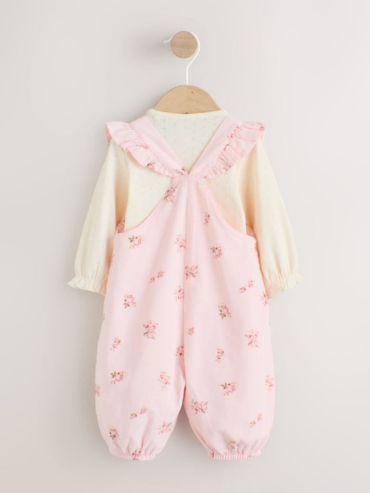 Light Pink Ditsy Baby Print Long Sleeve Bodysuit and Cord Dungarees Set 2 Piece (0mths-2yrs)