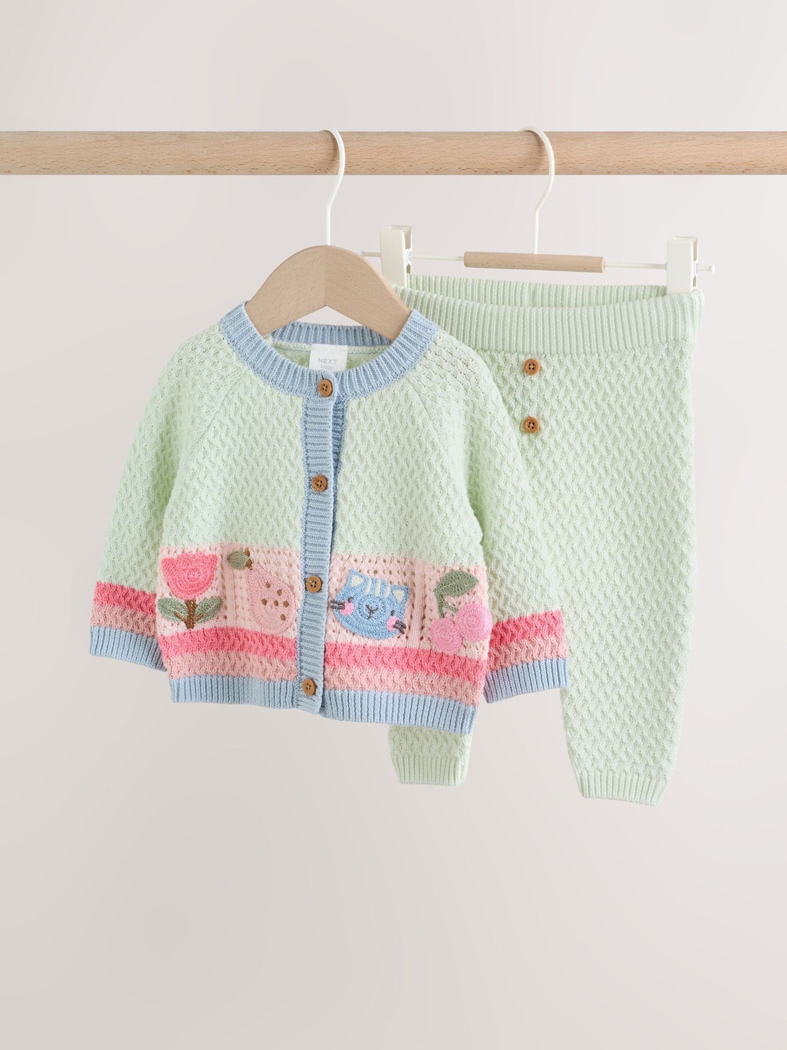 Sage Green Crochet Animal Knitted Cardigan and Legging Baby Set (0mths-2yrs)