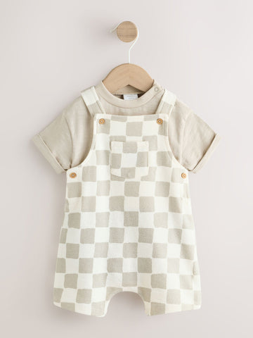 Grey/Neutral Checkerboard Jersey Dungarees and Bodysuit Baby Set (0mths-2yrs)