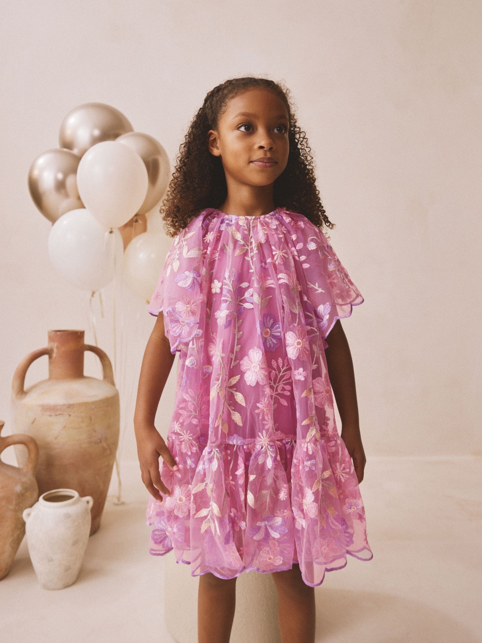 Pink Flower Embroidered Tiered Occasion Dress (3-16yrs)