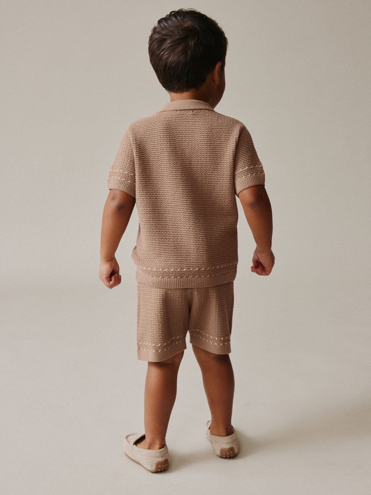 Tan Brown Textured Knitted Button Through Polo Shirt and Shorts Set (3mths-10yrs)