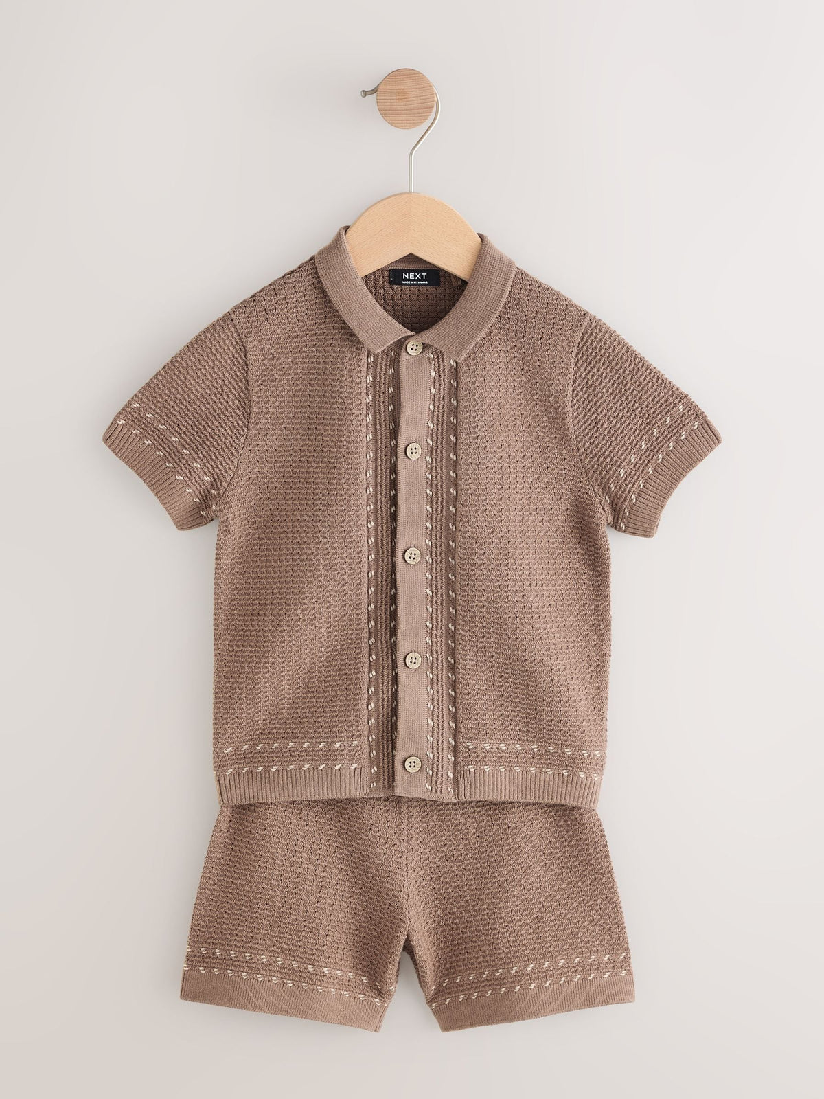 Tan Brown Textured Knitted Button Through Polo Shirt and Shorts Set (3mths-10yrs)