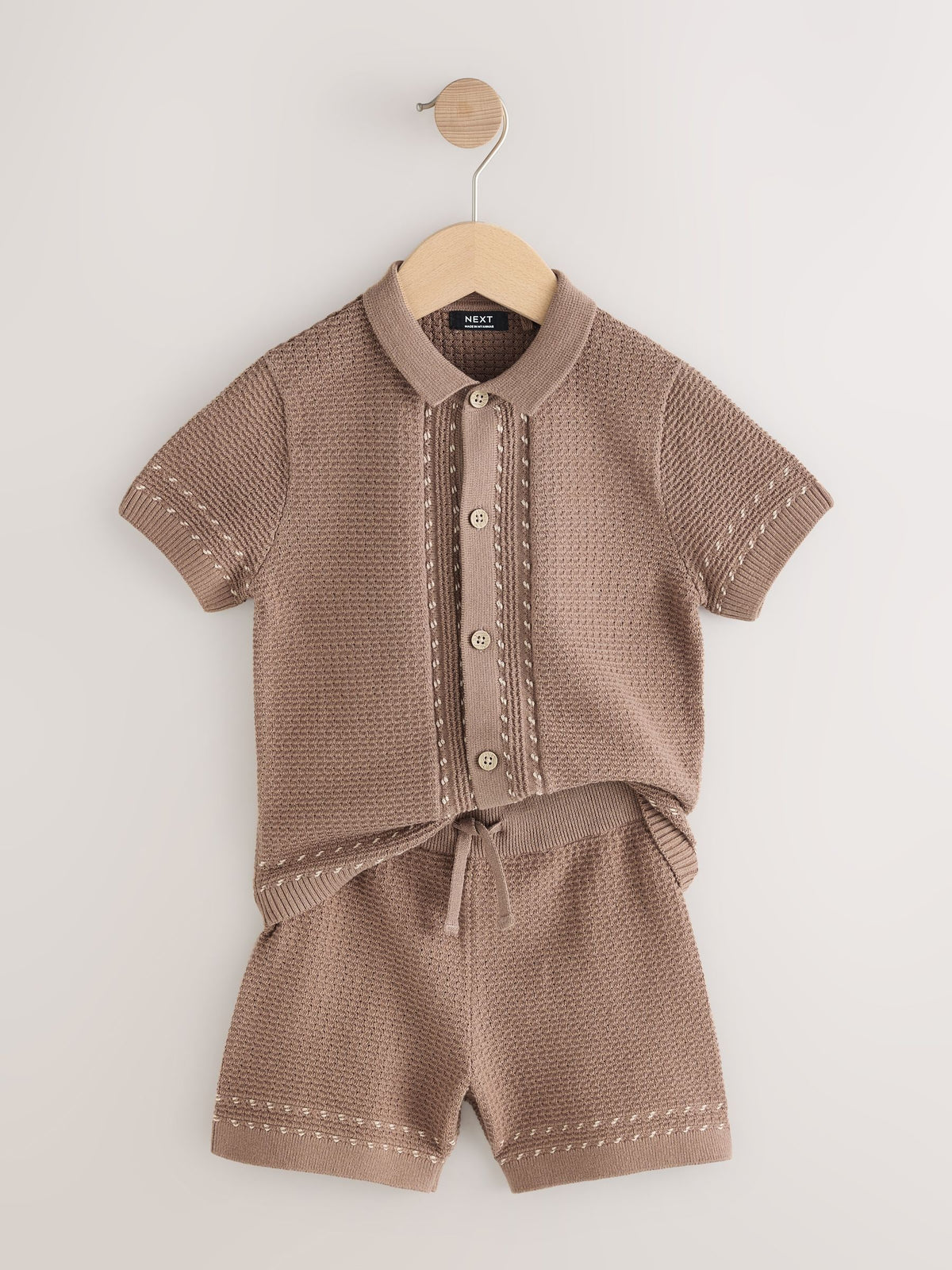 Tan Brown Textured Knitted Button Through Polo Shirt and Shorts Set (3mths-10yrs)