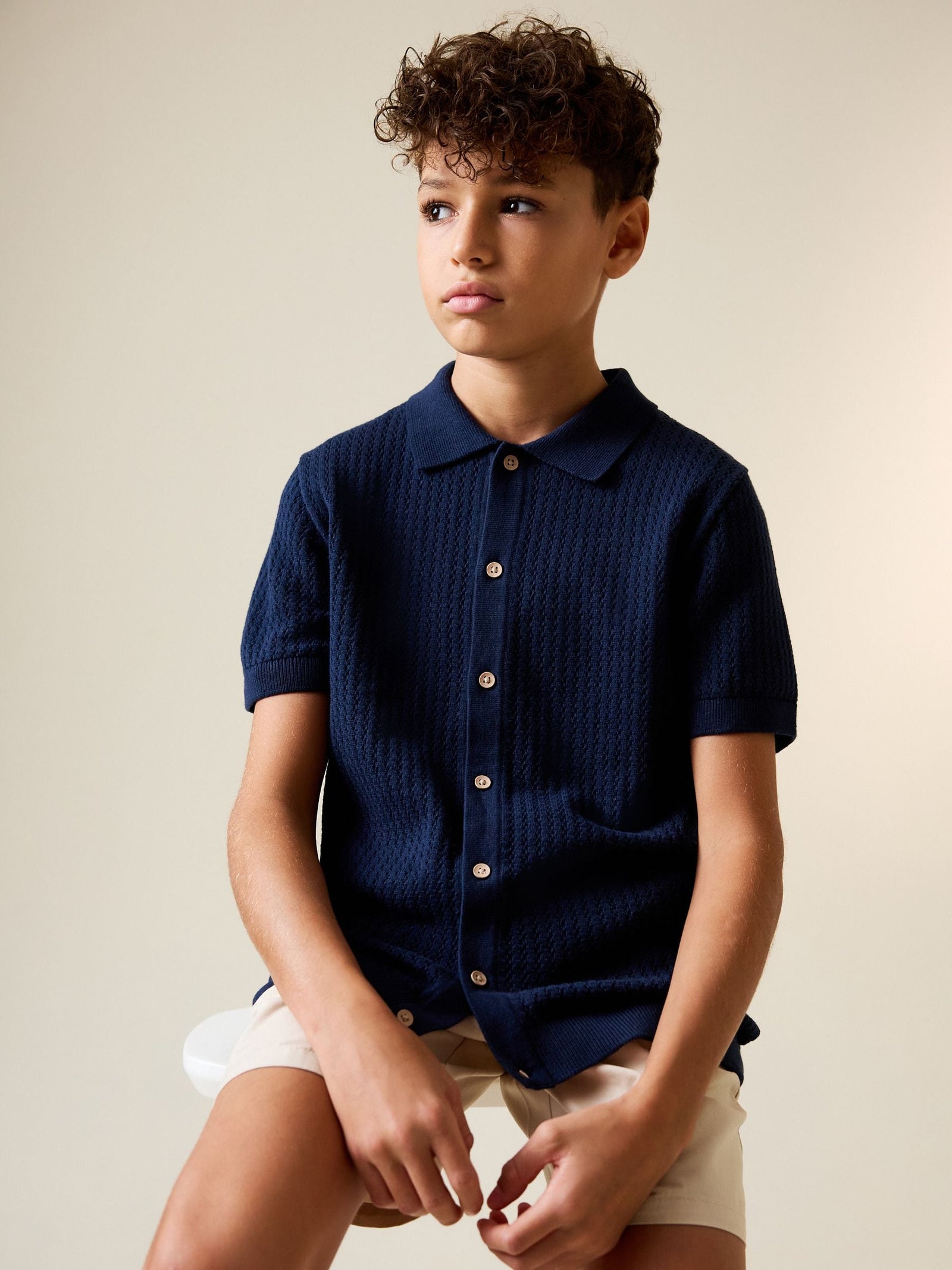 Navy Blue Knitted Button Through Polo Shirt (3-16yrs)