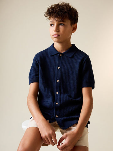 Navy Blue Knitted Button Through Polo Shirt (3-16yrs)