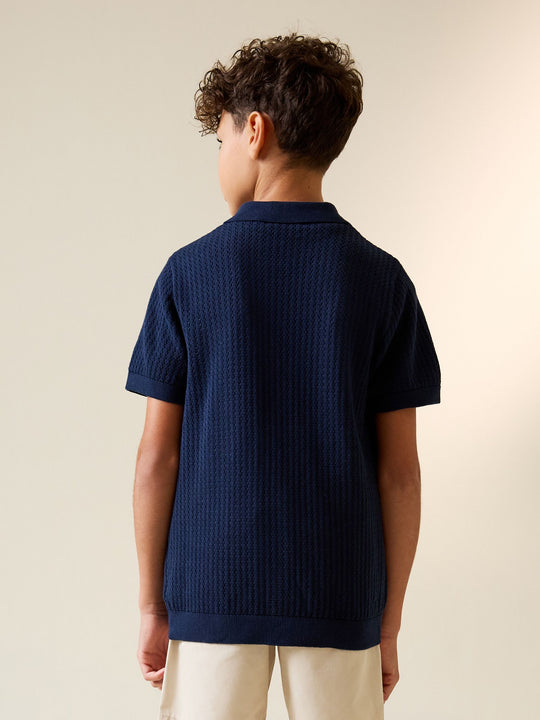 Navy Blue Knitted Button Through Polo Shirt (3-16yrs)