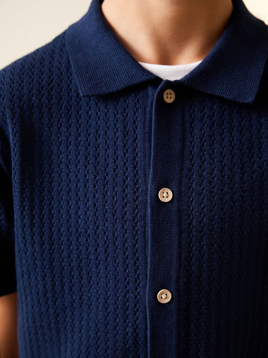 Navy Blue Knitted Button Through Polo Shirt (3-16yrs)