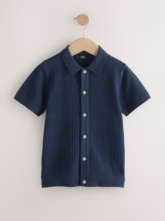 Navy Blue Knitted Button Through Polo Shirt (3-16yrs)