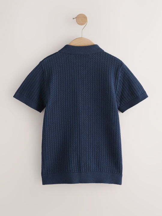 Navy Blue Knitted Button Through Polo Shirt (3-16yrs)