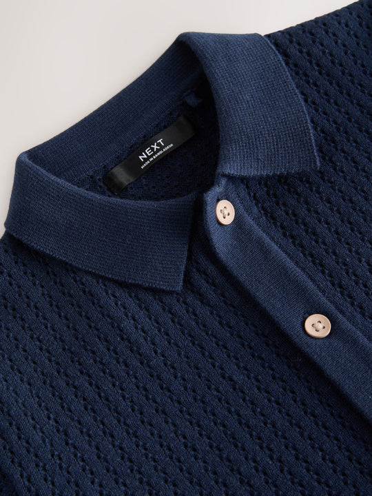 Navy Blue Knitted Button Through Polo Shirt (3-16yrs)