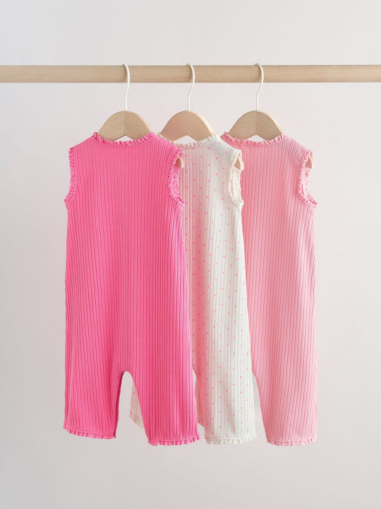 Pink Tonal Button Through Wide Leg Jersey Baby Rompers 3 Pack