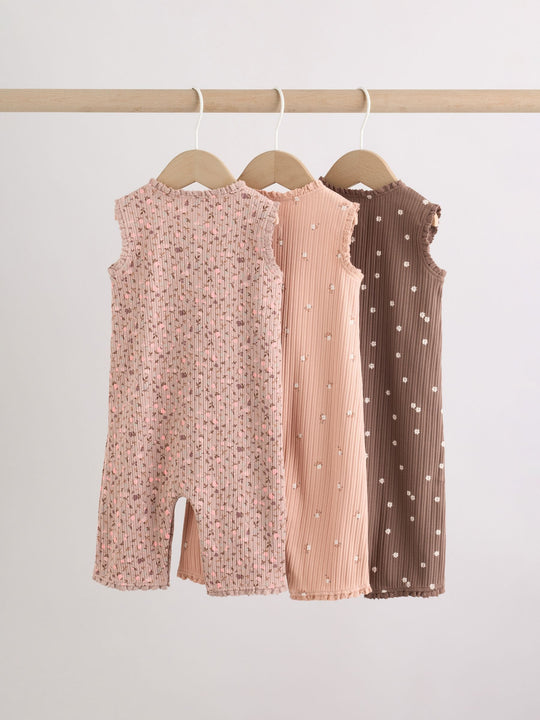 Brown Tonal Floral Printed Button Through Rompers 3 Pack
