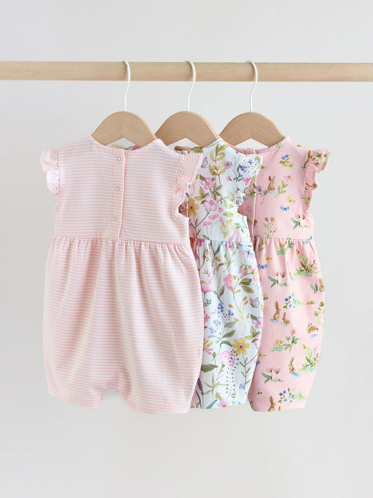 Pink Floral Frill Shoulder Baby Rompers 3 Pack