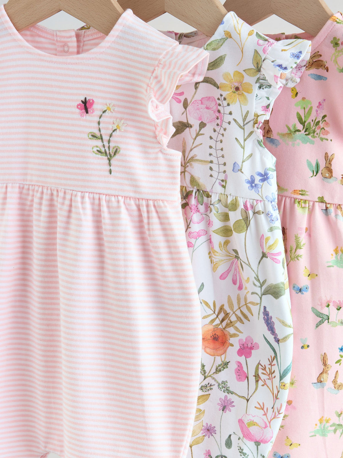 Pink Floral Frill Shoulder Baby Rompers 3 Pack