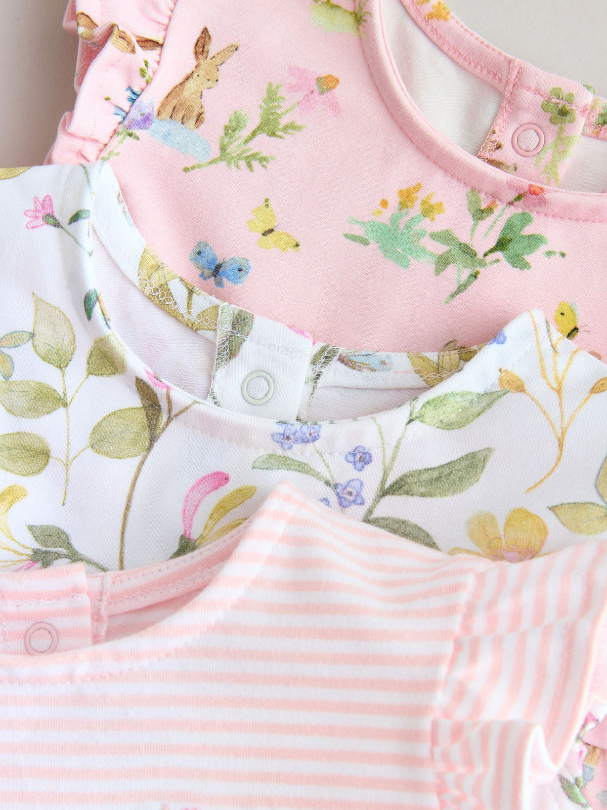 Pink Floral Frill Shoulder Baby Rompers 3 Pack