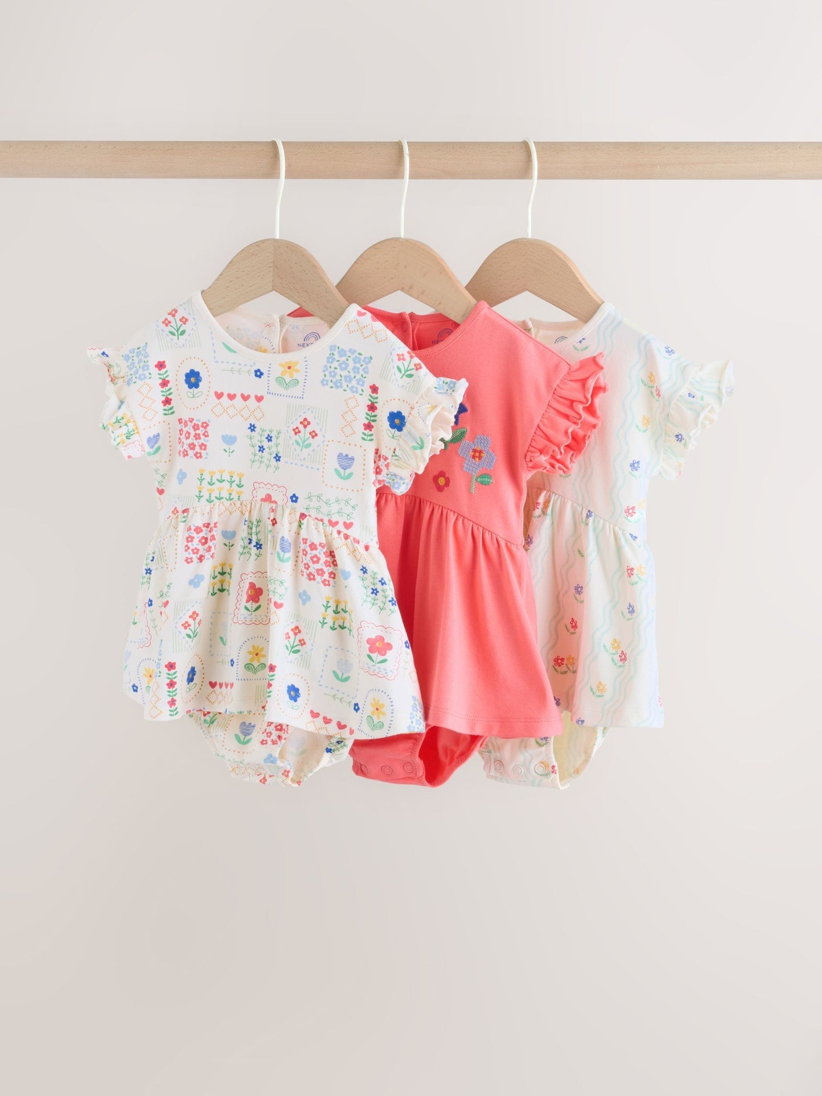 Red and White Embroidered Patterned Jersey Baby Rompers 3 Pack