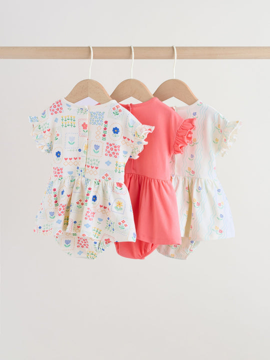 Red and White Embroidered Patterned Jersey Baby Rompers 3 Pack