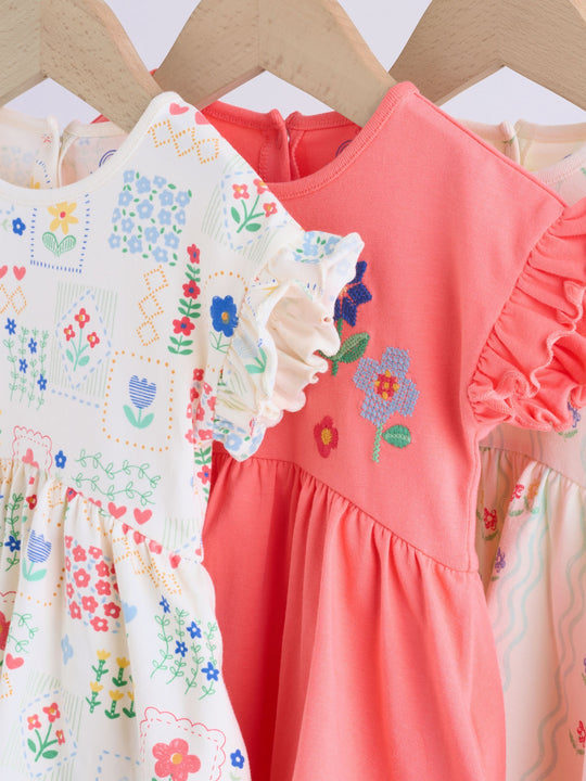 Red and White Embroidered Patterned Jersey Baby Rompers 3 Pack