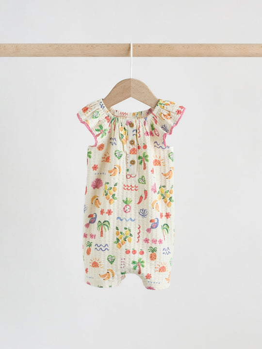 Natural/Coral Fruit Printed Textured Jersey Baby Rompers 2 Pack