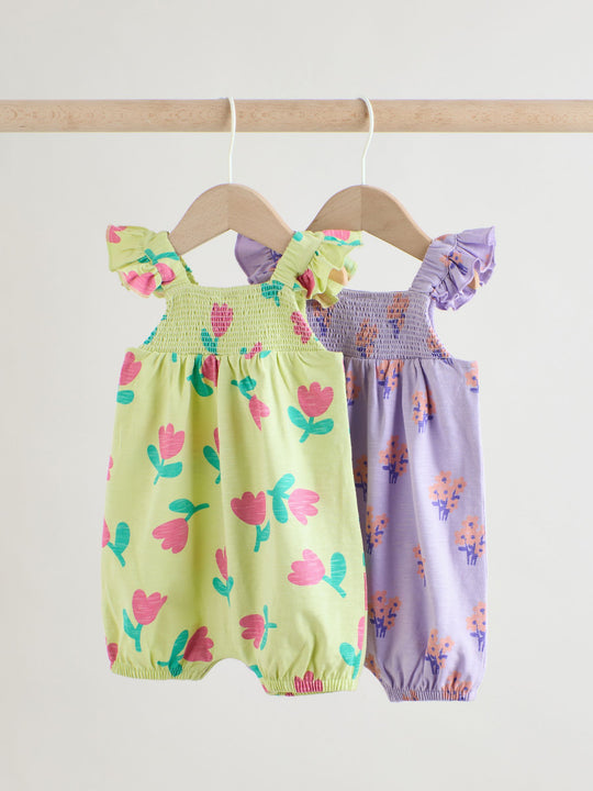 Purple and Green Floral 2 Pack Smocked Smocked Baby Rompers 2 Pack