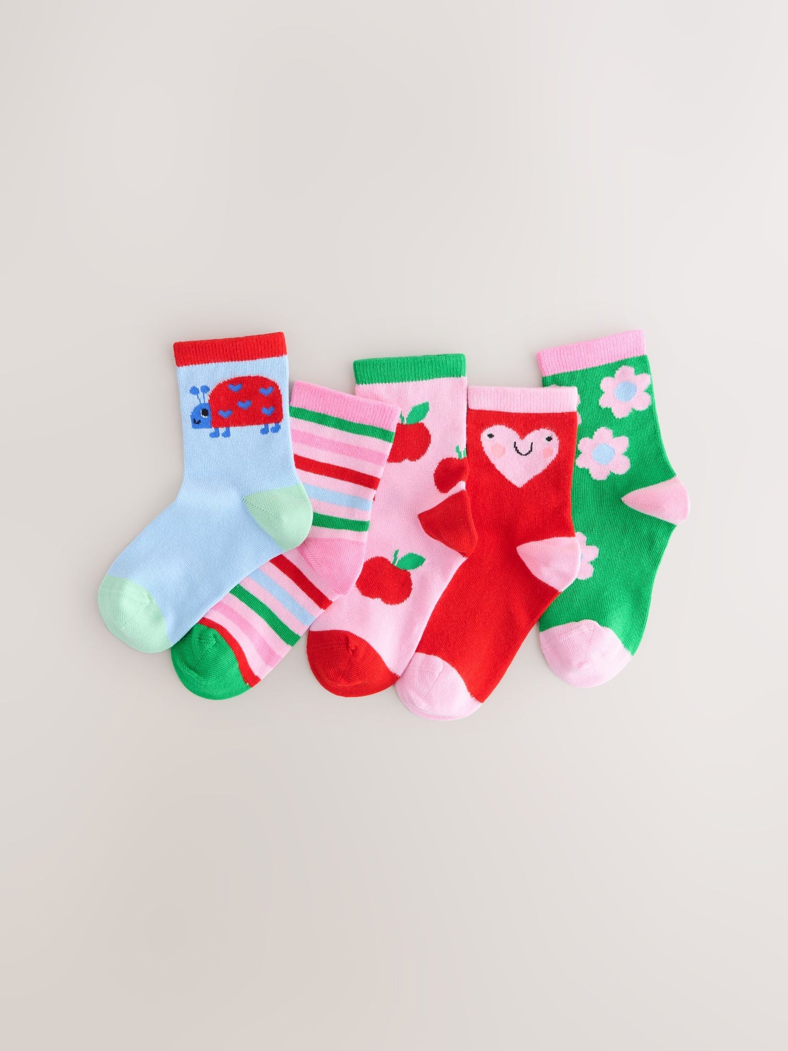 Pink Red and Green Cotton Rich Charcter Ankle Socks 5 Pack