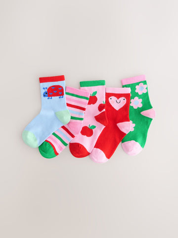 Pink Red and Green Cotton Rich Charcter Ankle Socks 5 Pack