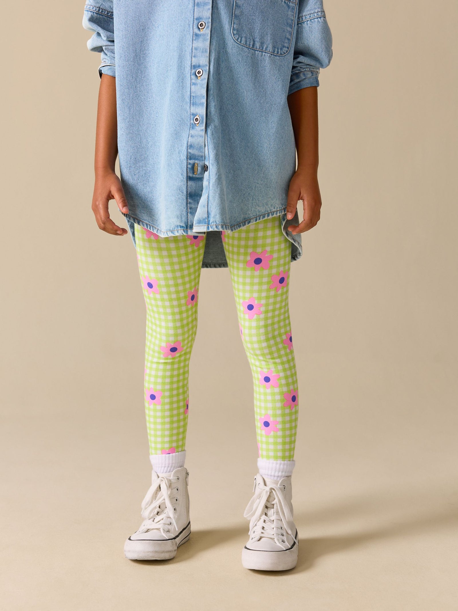 Green/Pink Gingham Flower Leggings (3-16yrs)