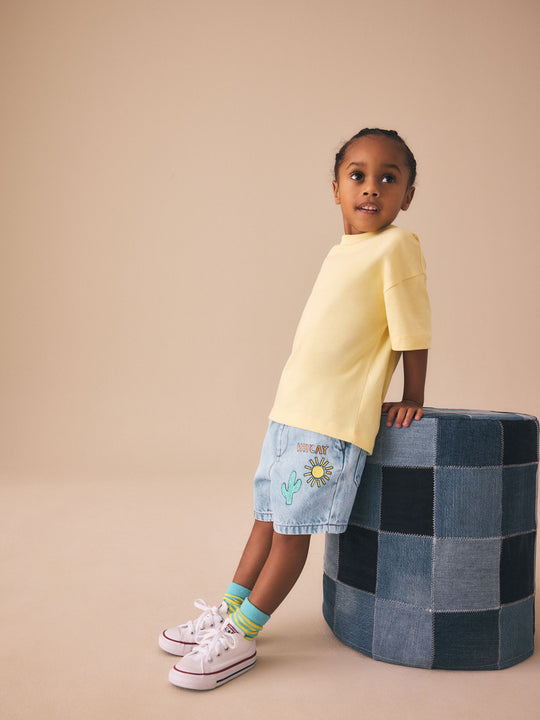 Light Blue Printed Pull On Loose Denim Shorts (3mths-7yrs)