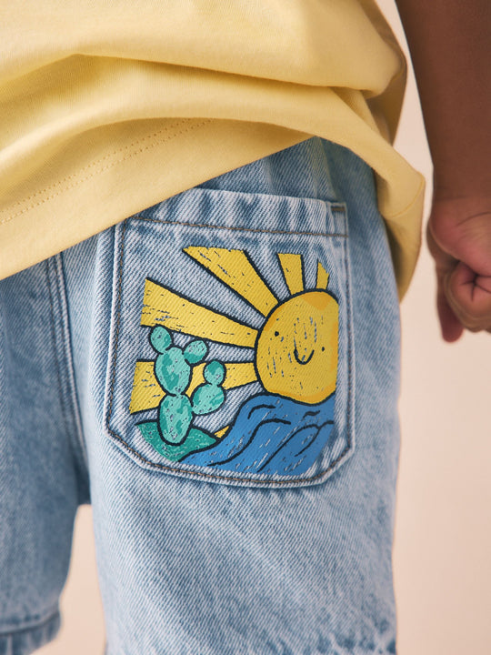 Light Blue Printed Pull On Loose Denim Shorts (3mths-7yrs)