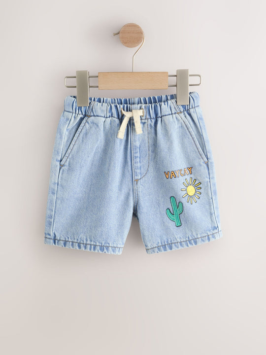 Light Blue Printed Pull On Loose Denim Shorts (3mths-7yrs)
