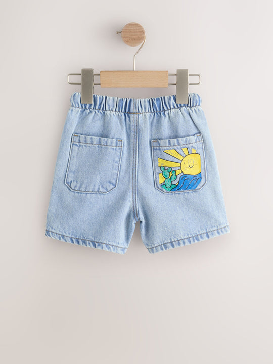 Light Blue Printed Pull On Loose Denim Shorts (3mths-7yrs)